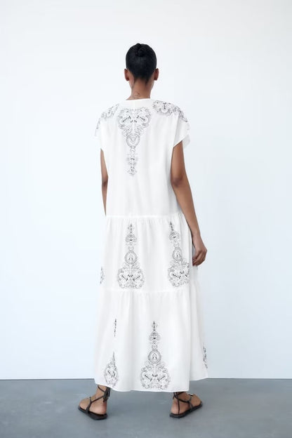 Summer Clothing Cotton Contrast Color Embroidery Midi Dress