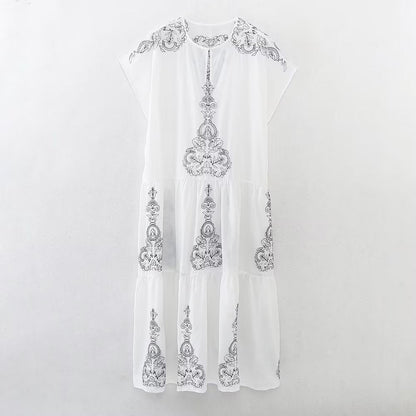 Summer Clothing Cotton Contrast Color Embroidery Midi Dress