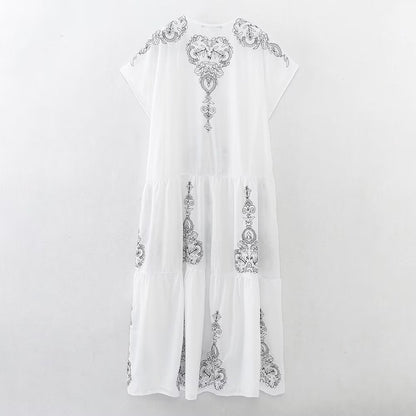 Summer Clothing Cotton Contrast Color Embroidery Midi Dress