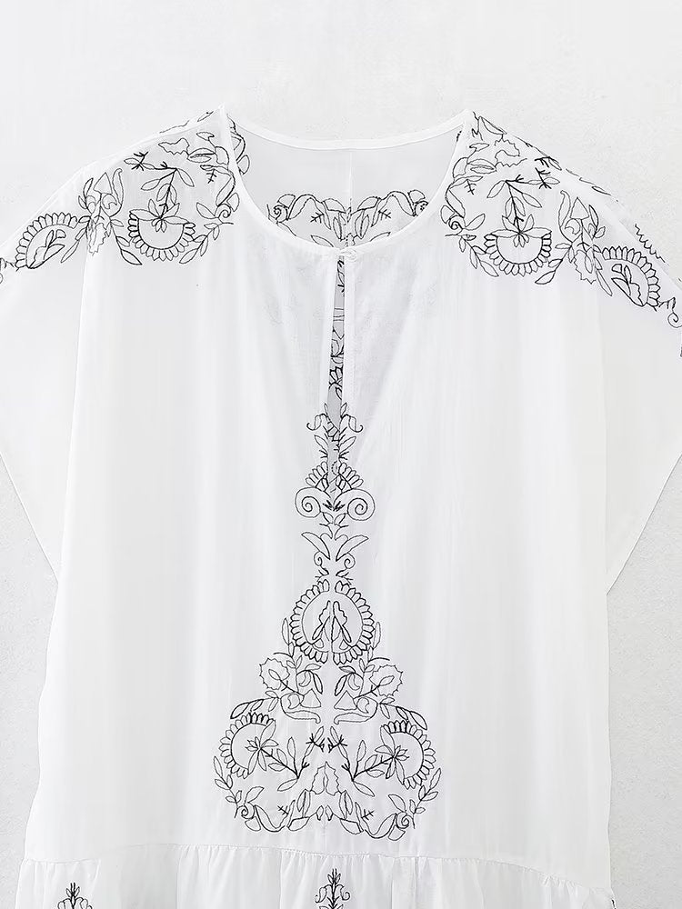 Summer Clothing Cotton Contrast Color Embroidery Midi Dress