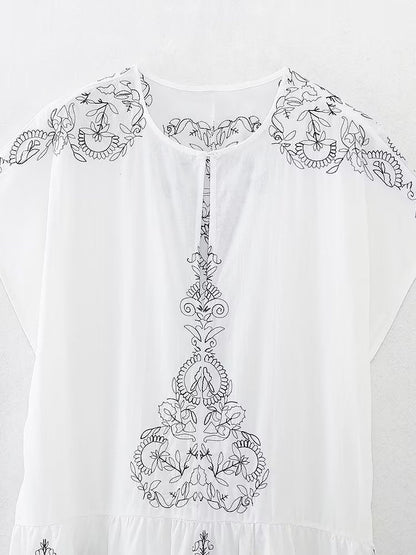 Summer Clothing Cotton Contrast Color Embroidery Midi Dress