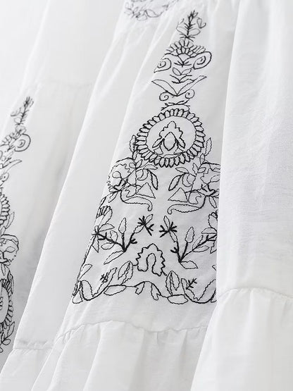 Summer Clothing Cotton Contrast Color Embroidery Midi Dress