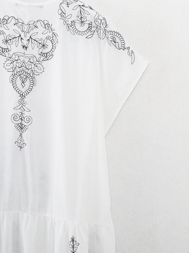 Summer Clothing Cotton Contrast Color Embroidery Midi Dress