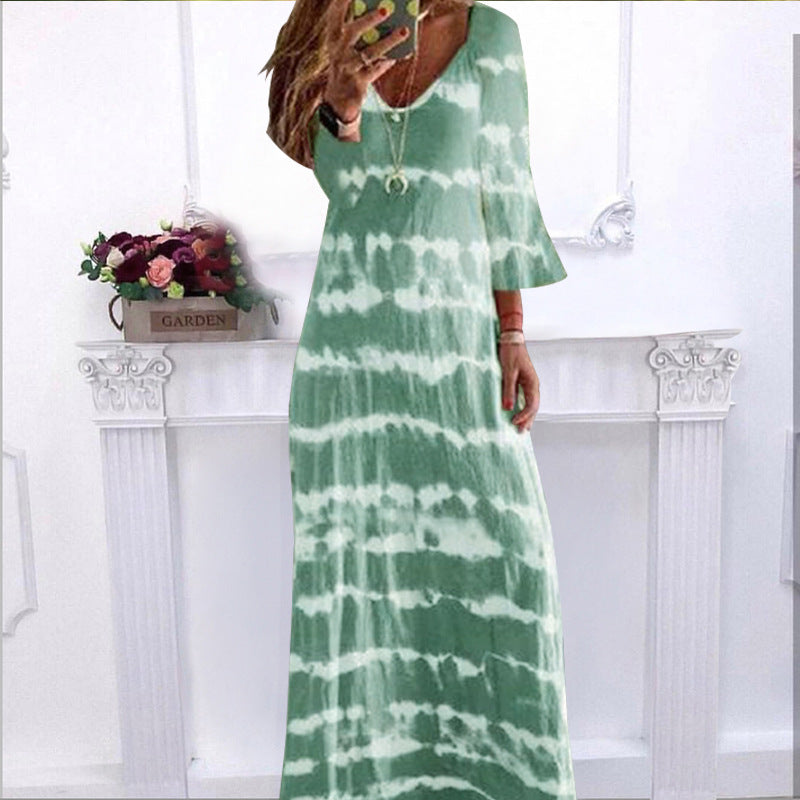 Summer New Loose Striped V Neck Pullover Printed Dress Long Dress