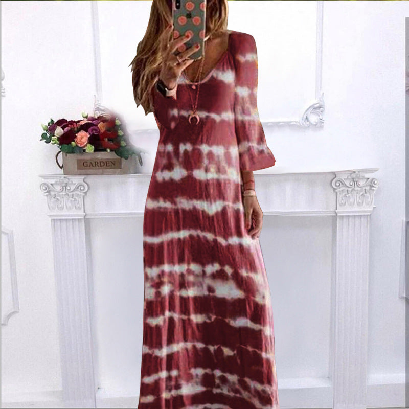 Summer New Loose Striped V Neck Pullover Printed Dress Long Dress