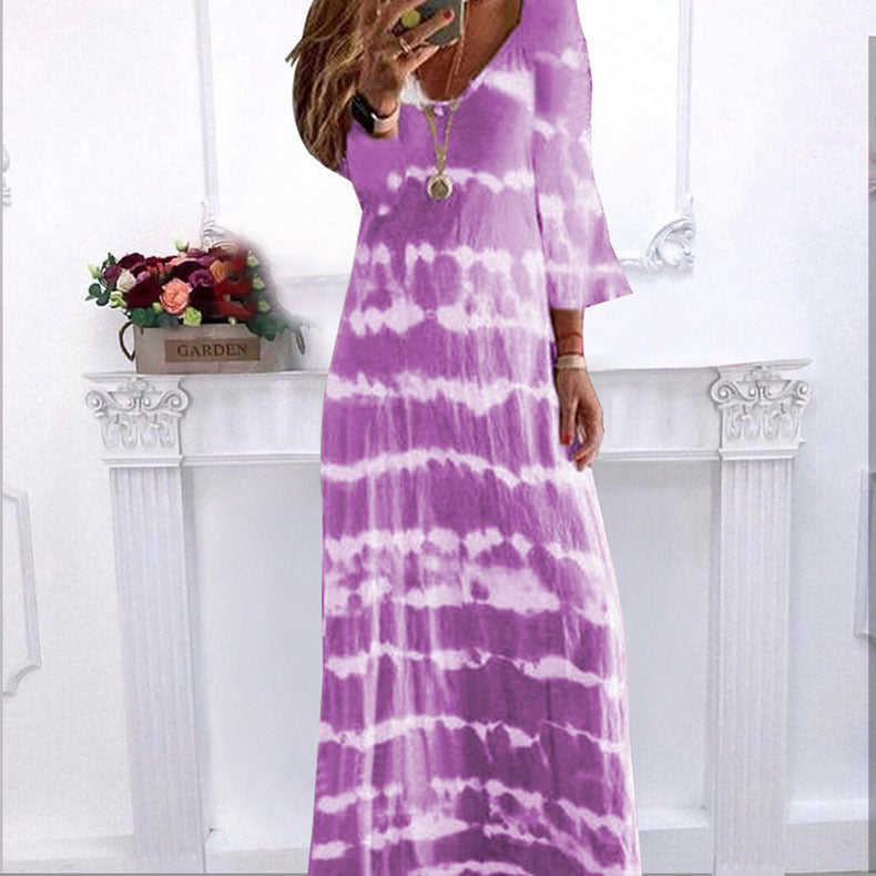 Summer New Loose Striped V Neck Pullover Printed Dress Long Dress