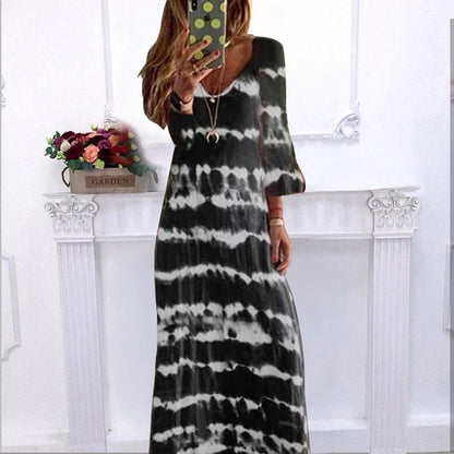 Summer New Loose Striped V Neck Pullover Printed Dress Long Dress