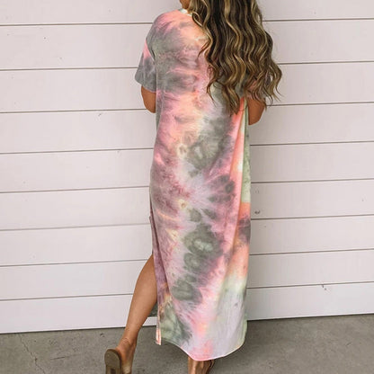New Tie Dye Printed Split Dress Long Dress