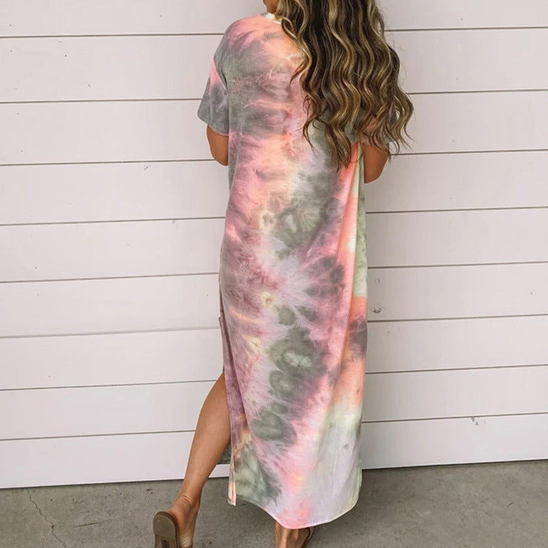 New Tie Dye Printed Split Dress Long Dress