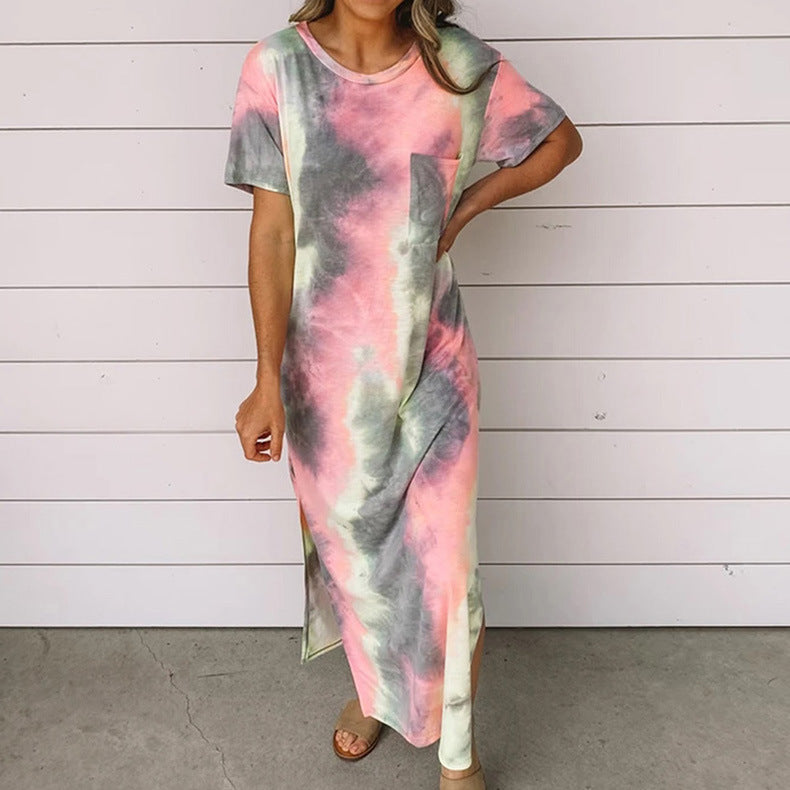 New Tie Dye Printed Split Dress Long Dress