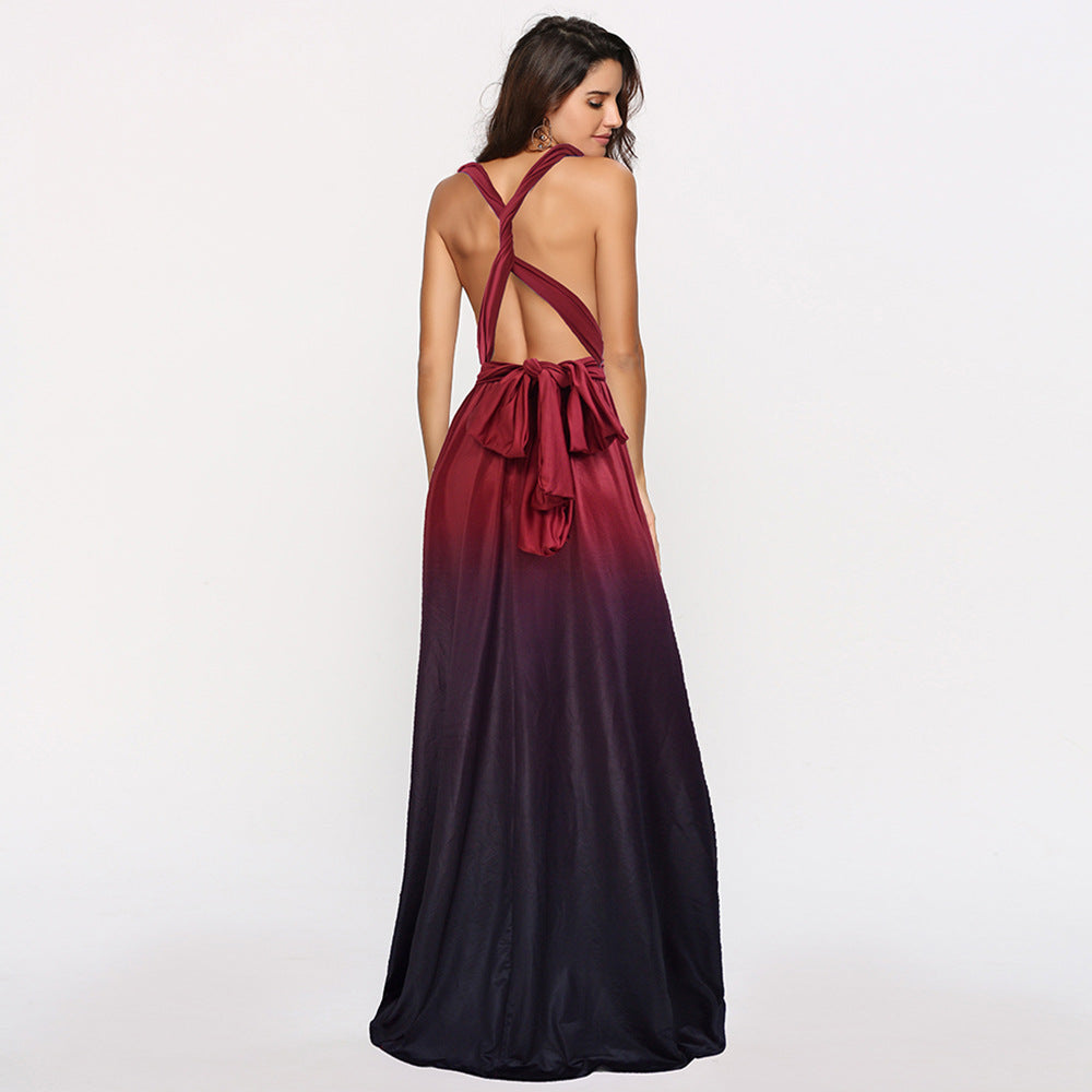 Wear More Wear Criss Cross Backless Lace-up Gradient Color Maxi Dress