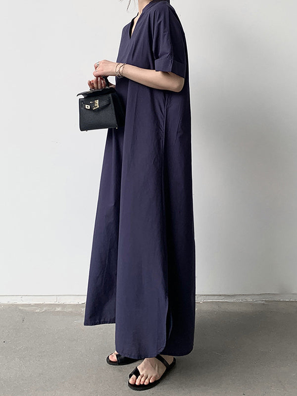 Loose Short Sleeves Color V-neck Maxi Dresses