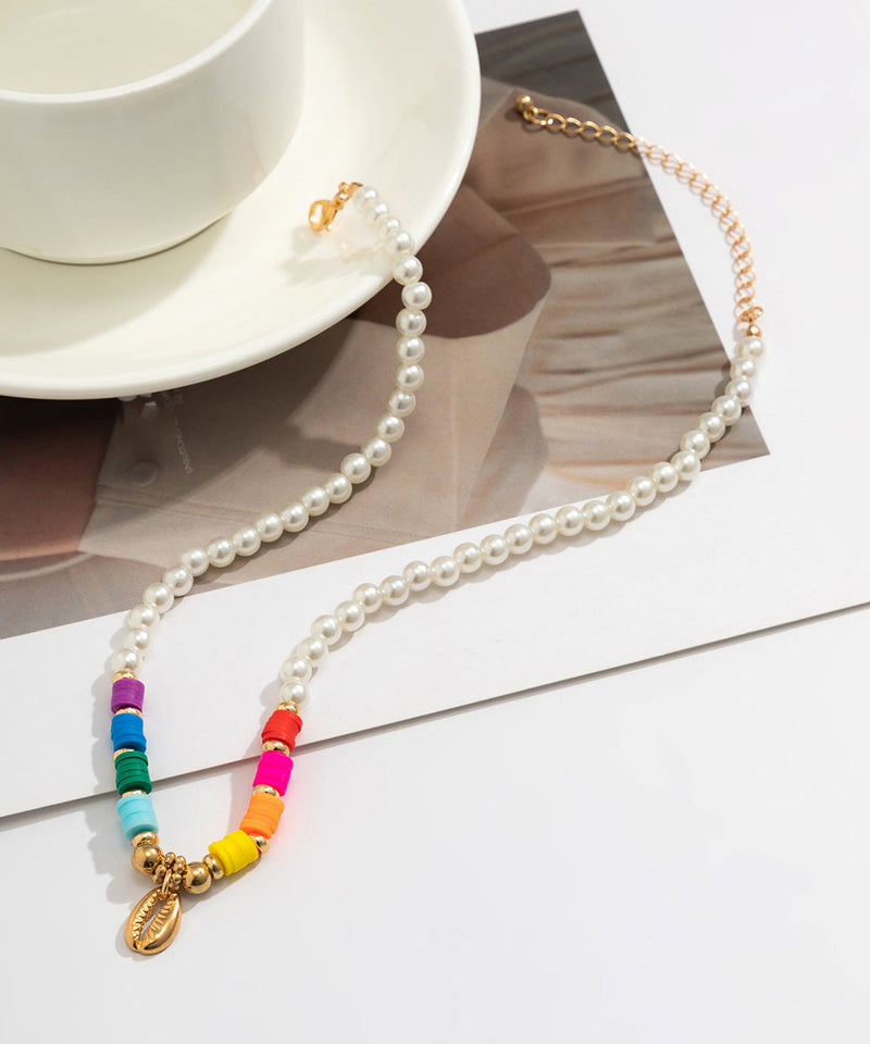White Alloy Pearl Beading Shell Gratuated Bead Necklace