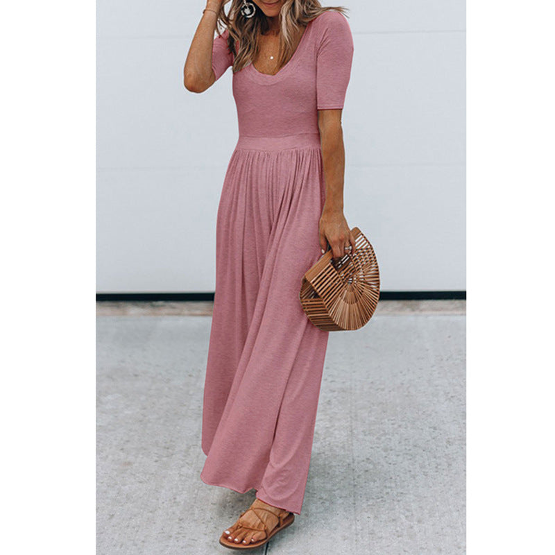 Clothing New Round Neck Short Sleeve Long Pattern Jumpsuit