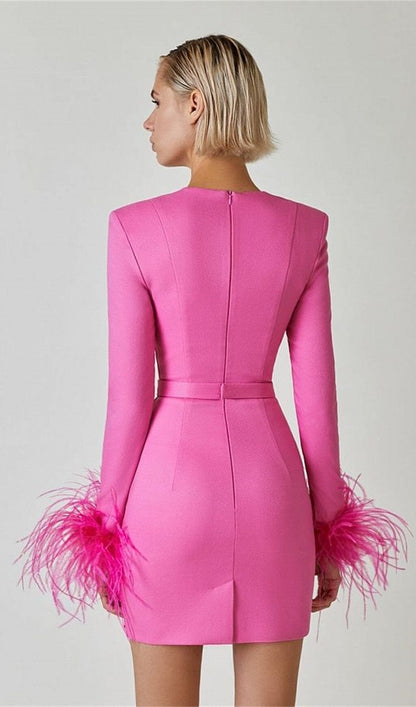 Stretch Long Sleeves Mini Dress in Hyper Pink