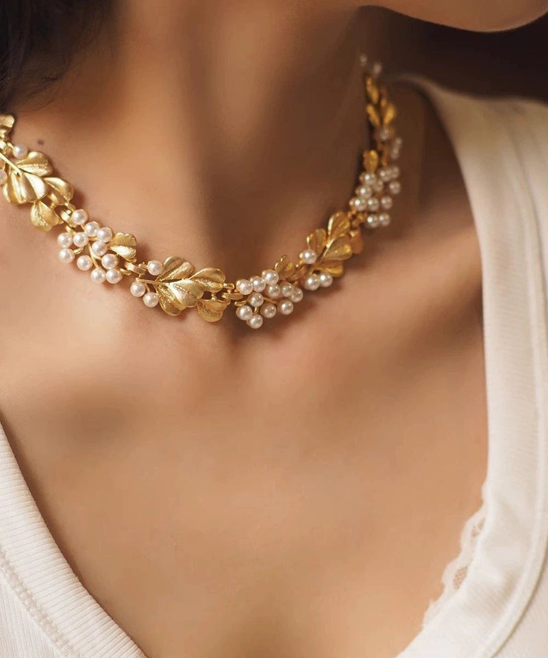 Vogue Gold Copper Alloy Pearl Ginkgo Leaf Gratuated Bead Necklace