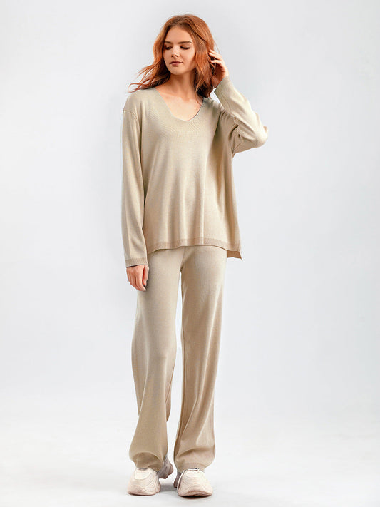Color V Neck Ice Silk Suit Spring Autumn Loose High Waist Two Piece Sweater