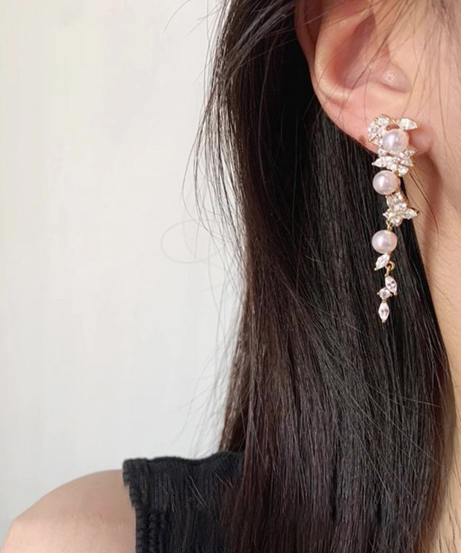 Gold Copper Overgild Pearl Butterfly Tassel Drop Earrings