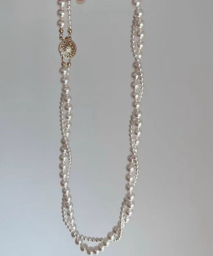 White Alloy Double-layer Pearl Winding Gratuated Bead Necklace