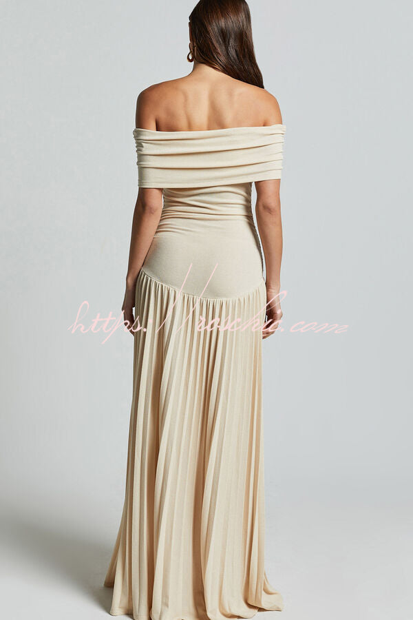 Off-shoulder Slim Fit Pleated Maxi Dress