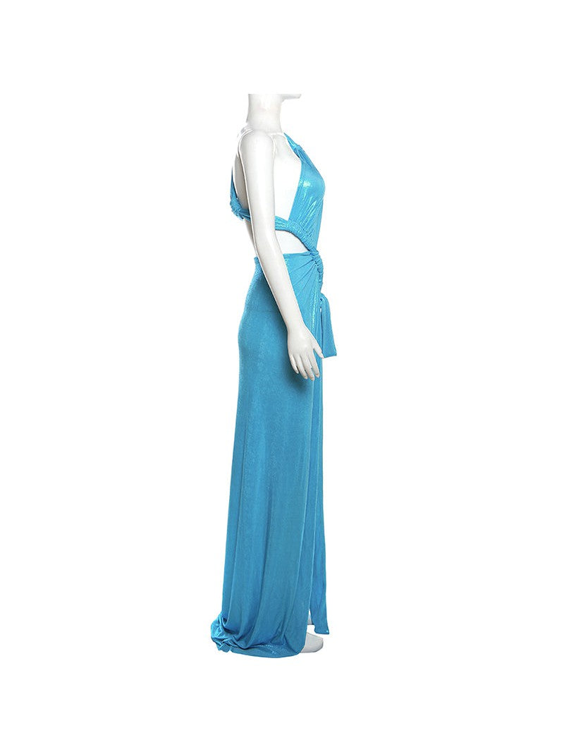 Oblique Shoulder Sheath High Slit Maxi Dress
