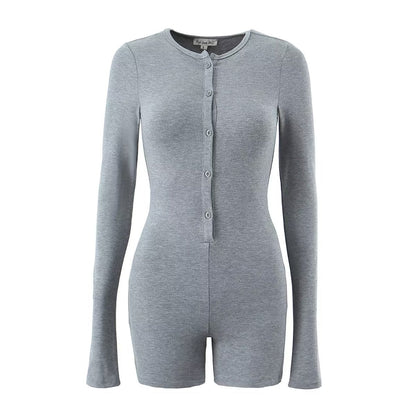 Round Neck Breasted Jumpsuit Spring Holiday Slim Elastic Jumpsuit Short