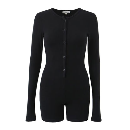 Autumn Winter V Neck Button Slim Fit Outer Wear Underwear Two Color Knitted Jumpsuit