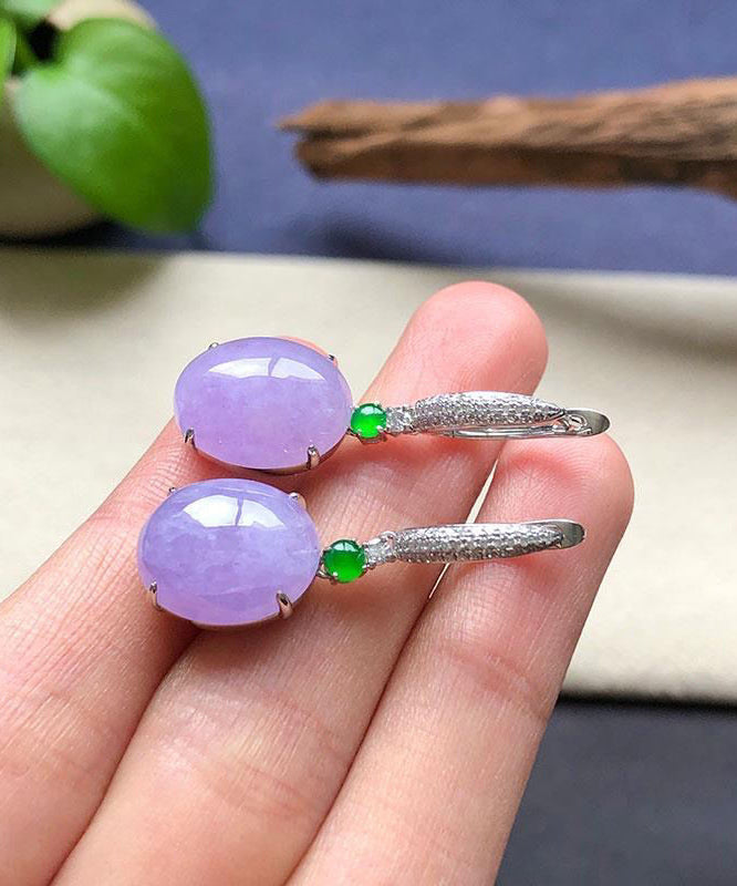 Purple Sterling Silver Inlaid Zircon Jade Drop Earrings