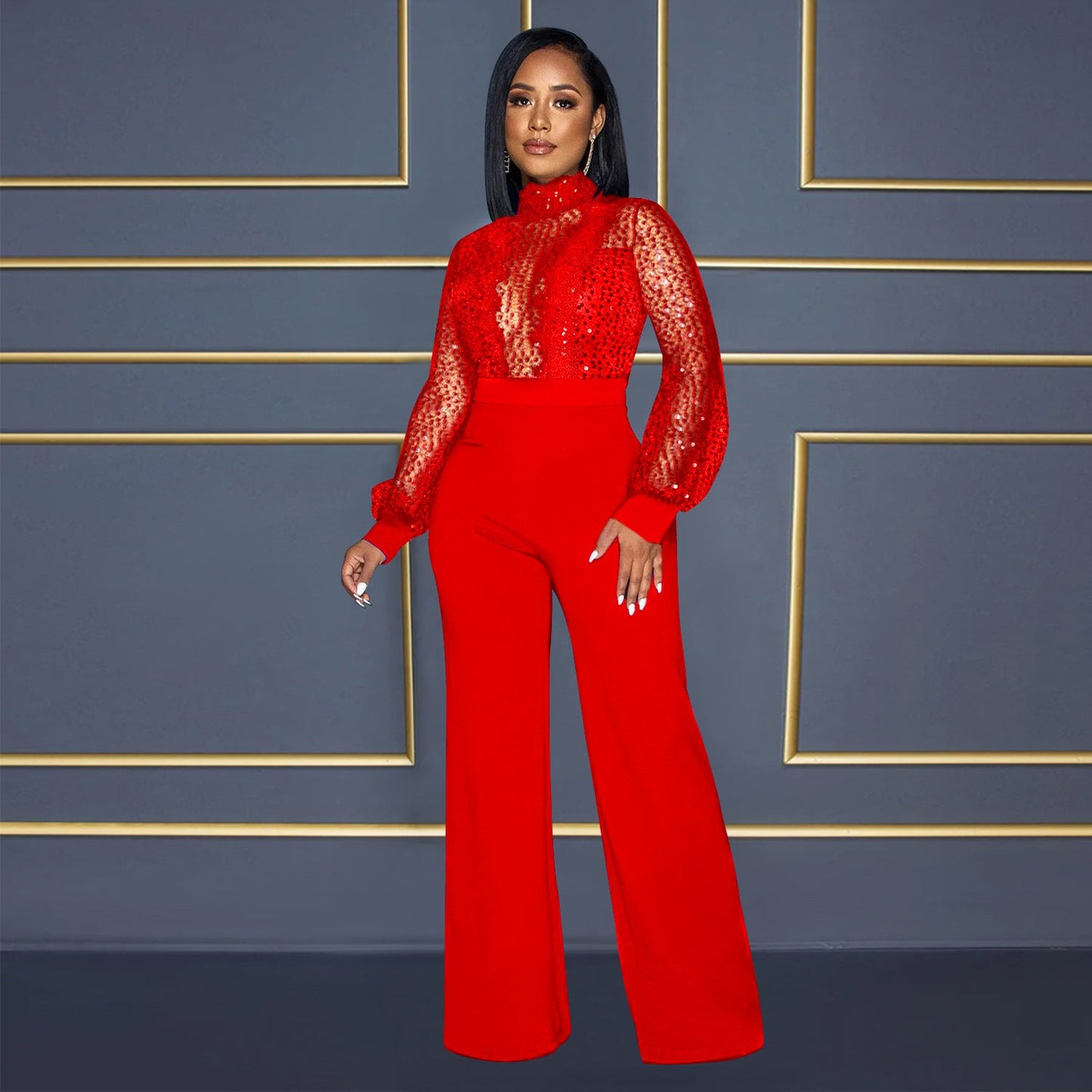 Wear Hollow Out Cutout Out See Through Long Sleeved Trousers Lace Up Jumpsuit