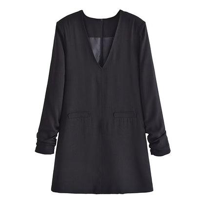 Spring Belt Padded Shoulder V Neck Long Sleeve Mini Dress