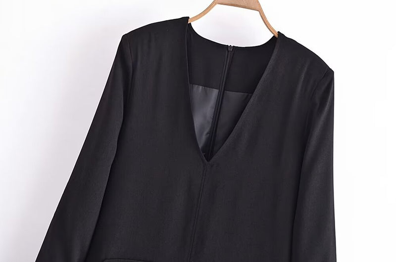 Spring Belt Padded Shoulder V Neck Long Sleeve Mini Dress