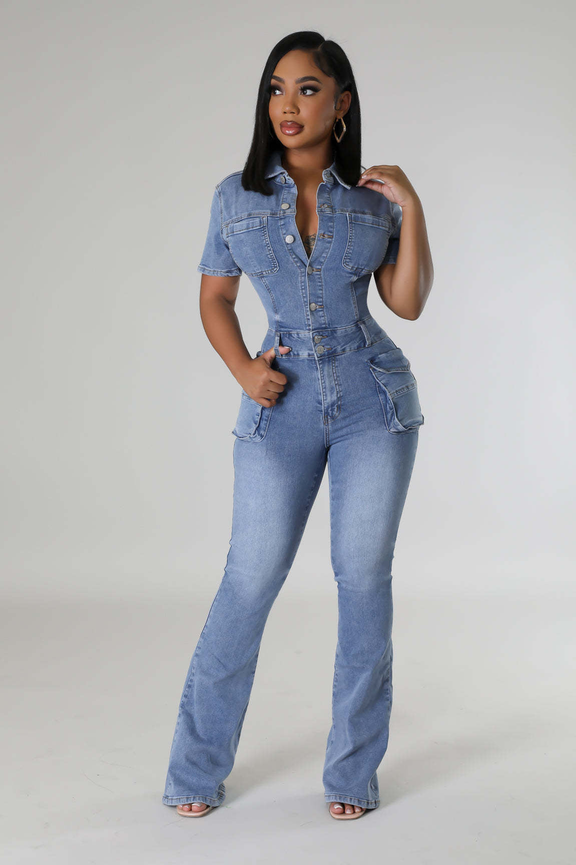Waist Slim Elastic Fried Wash Denim Jumpsuit Jumpsuit Bell Bottom Pants