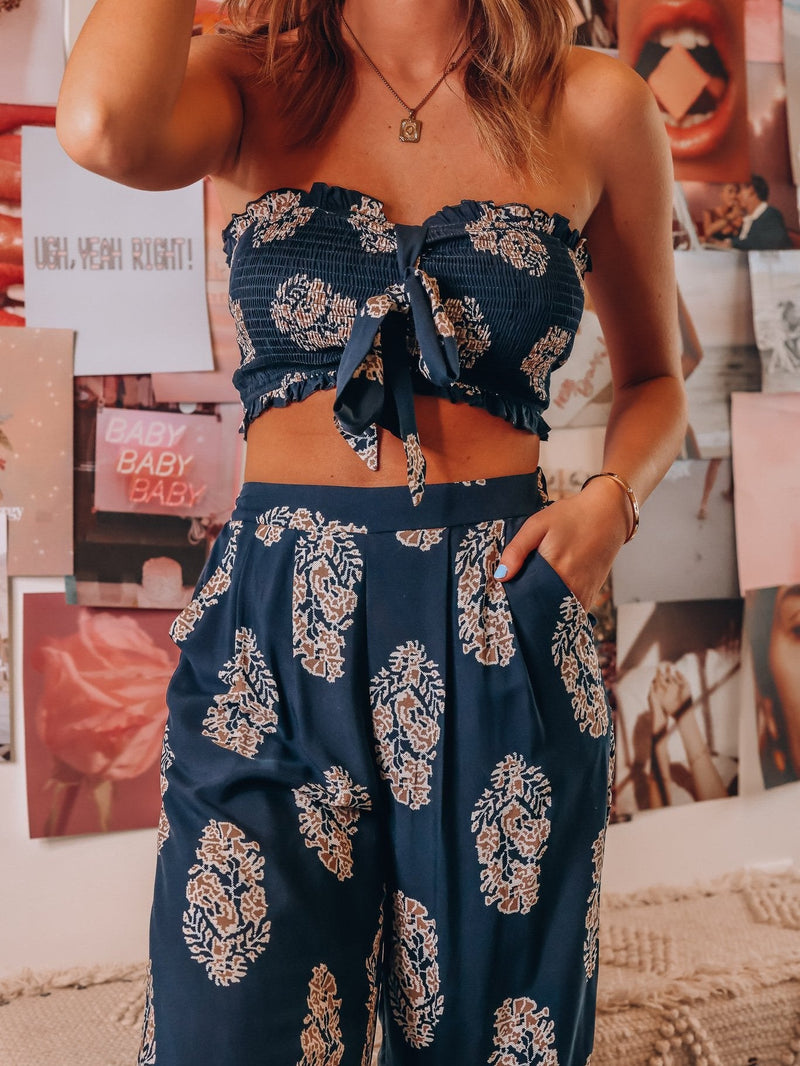 Bandeau Top Two Piece Bow Tank Top Printed Wide Leg Pants Coord Set