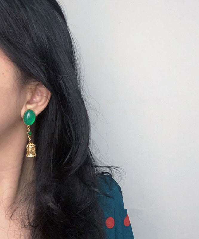 Green Sterling Silver Overgild Hollow Out Birdcage Drop Earrings