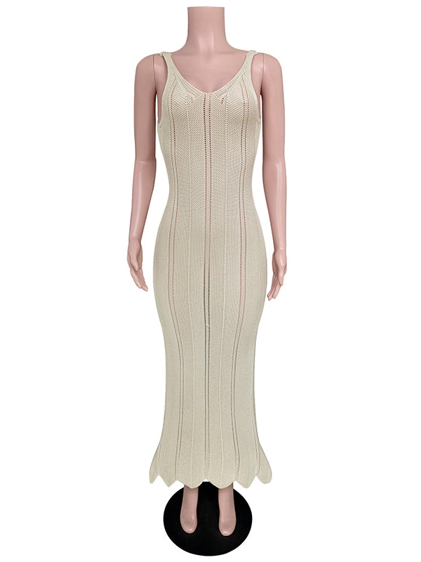 Skinny Sleeveless Backless Hollow See-through Color Split-joint Wide Straps Maxi Dresses