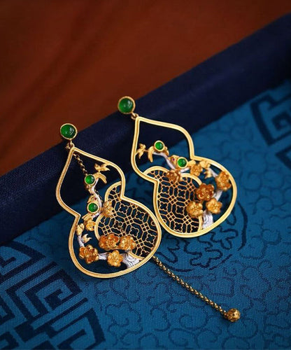 Gold Sterling Silver Overgild Jade Hollowed Out Drop Earrings