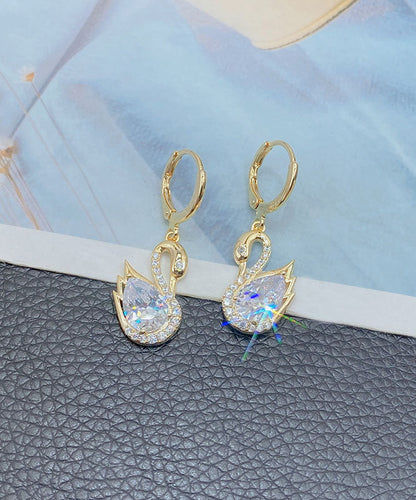 Gold Alloy Zircon Crystal Swan Drop Earrings