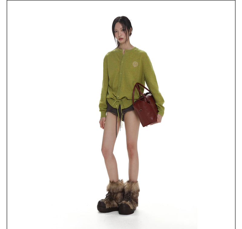 Knit Cardigan With Drawstring and Buttons