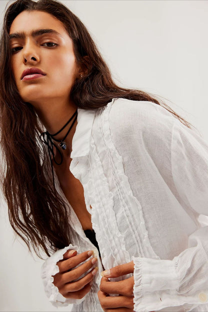 Linen Ruffled Long-sleeve Blouse
