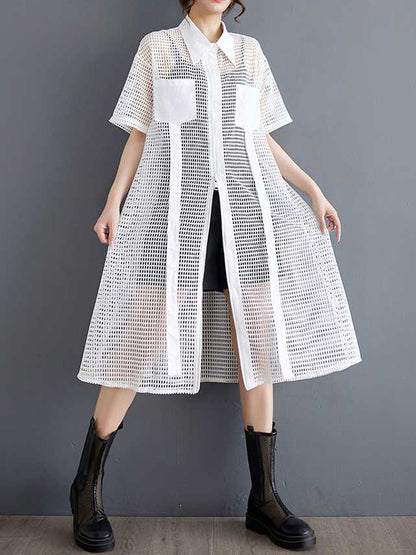 Half Sleeves Loose Hollow Color Split-joint Zipper Lapel Midi Dresses Shirt Dress