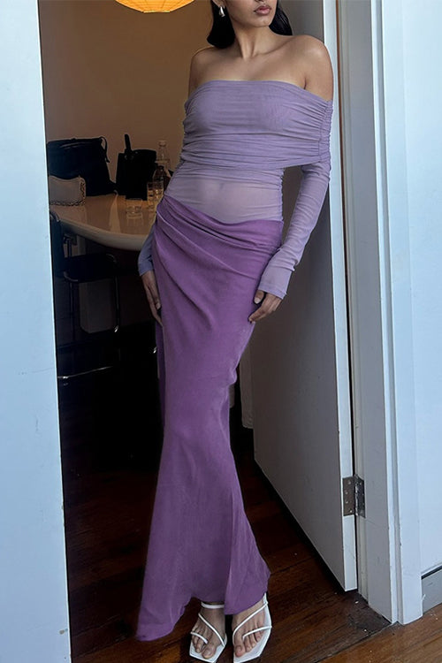 Off Shoulder Mesh Patchwork Ruched Maxi Dress