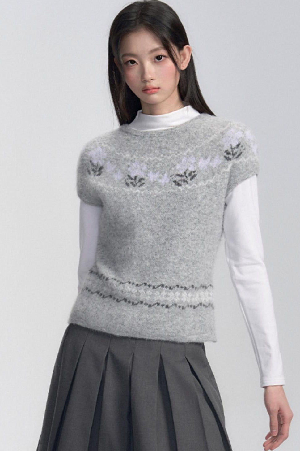 Grey Patterned Layered Knit Blouse Set-up