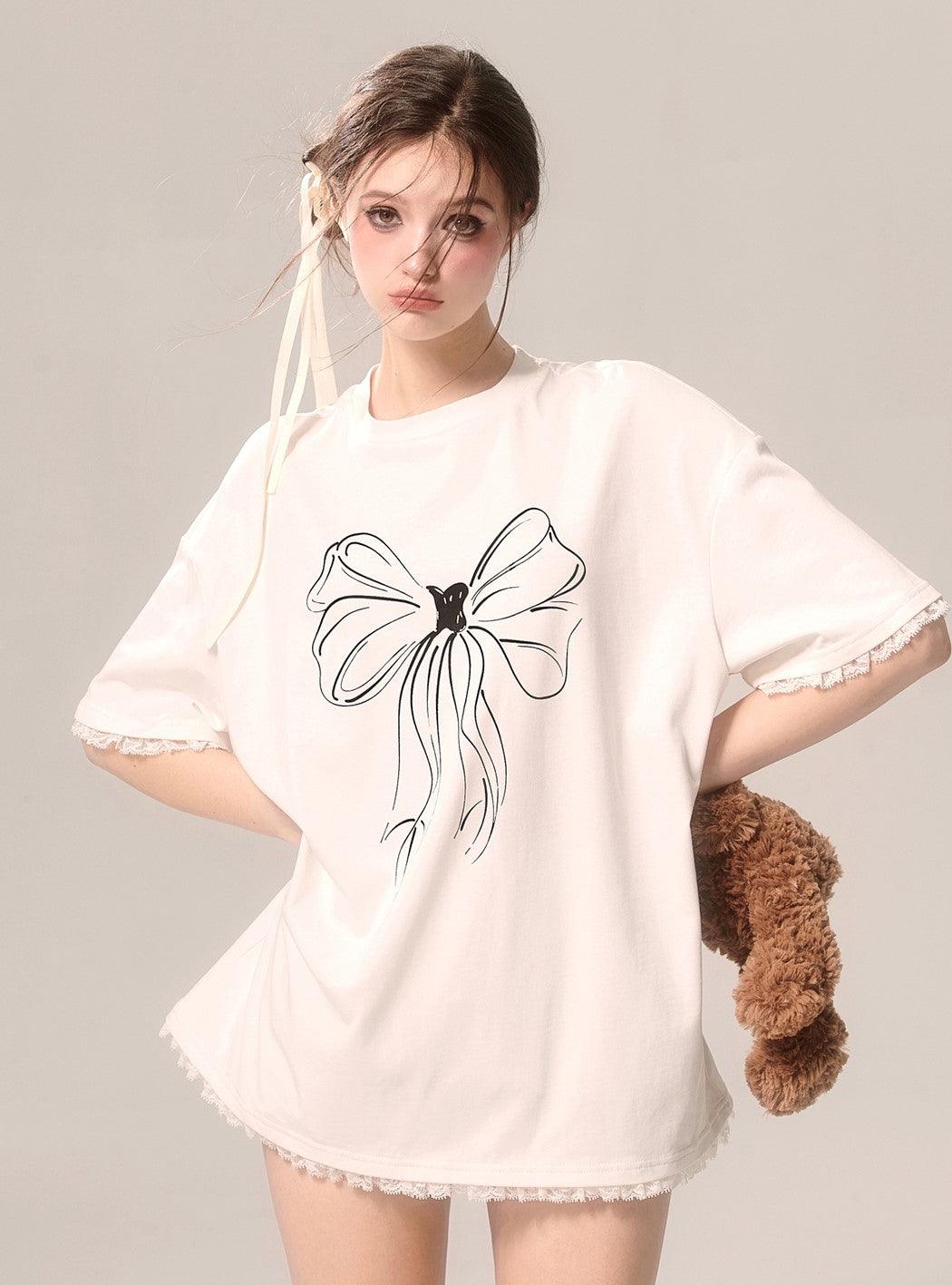 White Loose Short-sleeved T-shirt With Bow Lace Trim