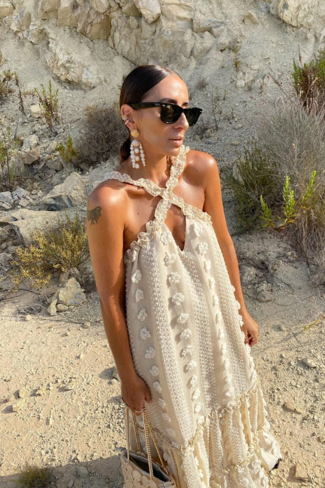 3d Flower Patchwork Halter Maxi Dress