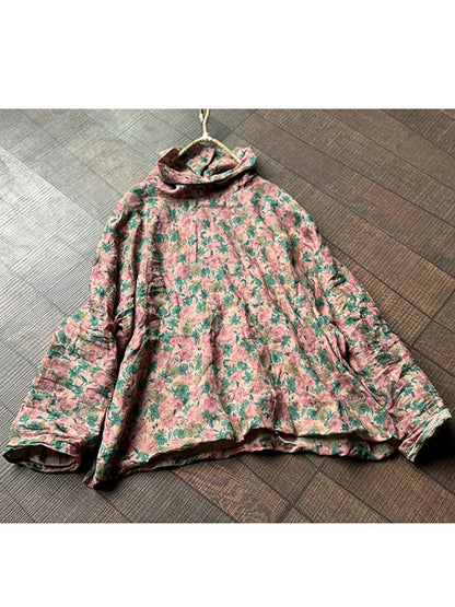 Autumn Artsy Turtleneck Ramie Blouse Qu032