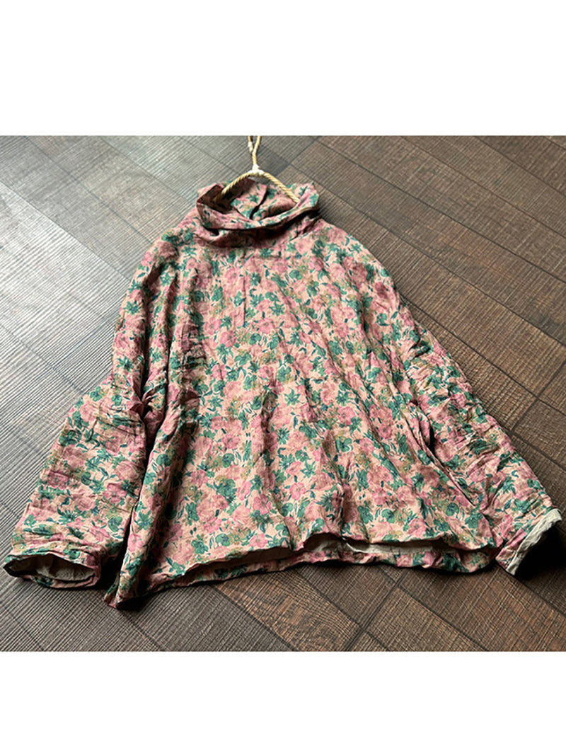 Autumn Artsy Turtleneck Ramie Blouse Qu032