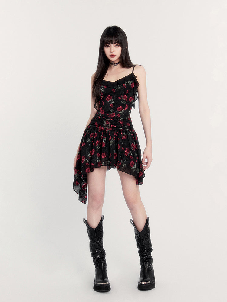 Print Gothic Mini Dress With Asymmetric Hem