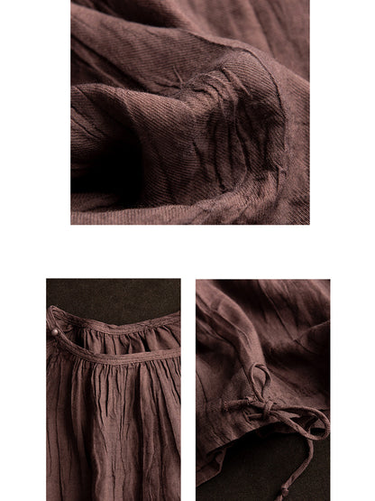 Summer Artsy Strap Hem O-neck Ramie Blouse As1026