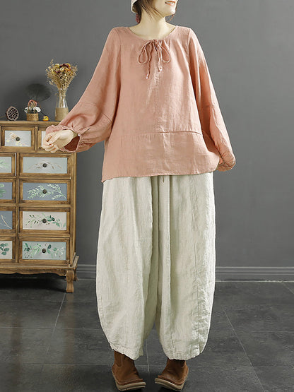 Autumn O-neck 100%linen Loose Blouse Ak1001