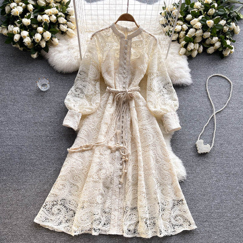 Apricot Cashew Flower Lace Embroidery Single Breasted Lantern Sleeve Midi Dress